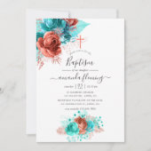 Invitation Aquarelle turquoise et corail Baptême floral (Devant)