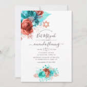 Invitation Aquarelle turquoise et corail Bat mitzvah Floral (Devant)