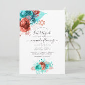 Invitation Aquarelle turquoise et corail Bat mitzvah Floral (Debout devant)