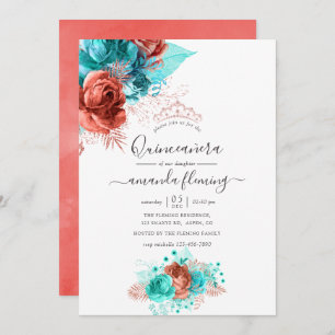 Invitation Aquarelle turquoise et corail Floral Quinceañera