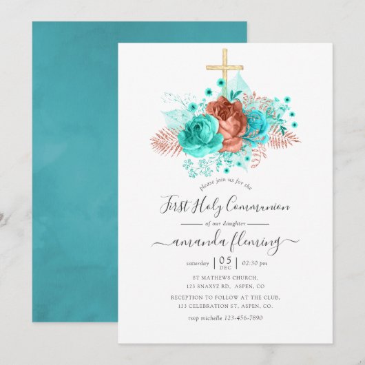 Invitation Aquarelle turquoise et corail Floral Sainte Commun (Devant / Derrière)