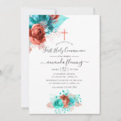 Invitation Aquarelle turquoise et corail Floral Sainte Commun (Devant)