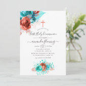 Invitation Aquarelle turquoise et corail Floral Sainte Commun (Debout devant)