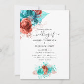 Invitation Aquarelle turquoise et corail Mariage Floral (Devant)