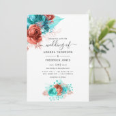 Invitation Aquarelle turquoise et corail Mariage Floral (Debout devant)