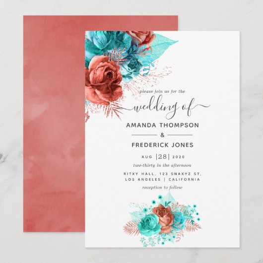 Invitation Aquarelle turquoise et corail Mariage Floral (Devant / Derrière)