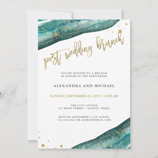 Invitation Aquarelle Turquoise et Gold Geode Post Mariage Bru (Devant)
