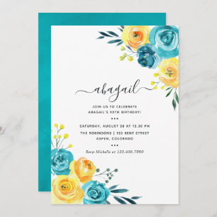 Invitation Aquarelle turquoise et jaune Floral Anniversaire