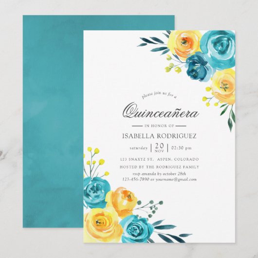 Invitation Aquarelle turquoise et jaune Floral Quinceañera (Devant / Derrière)