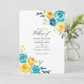 Invitation Aquarelle turquoise et jaune Mariage floral Inv (Debout devant)
