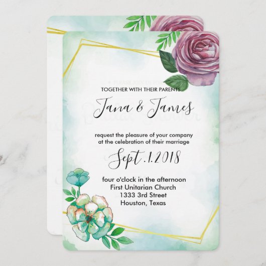 Invitation Aquarelle turquoise et mariage fleuri violet (Devant / Derrière)