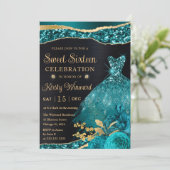 Invitation Aquarelle Turquoise et or Parties scintillant robe (Debout devant)