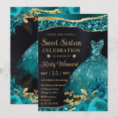 Invitation Aquarelle Turquoise et or Parties scintillant robe (Devant / Derrière)