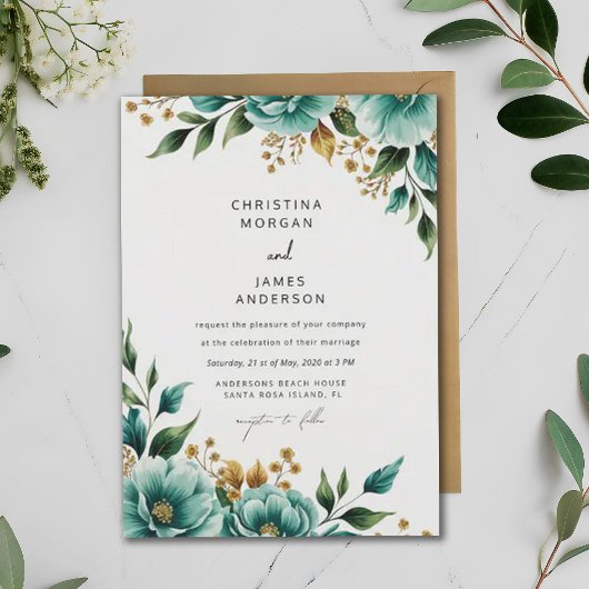 Invitation Aquarelle turquoise Florale Botanique Printemps Ma