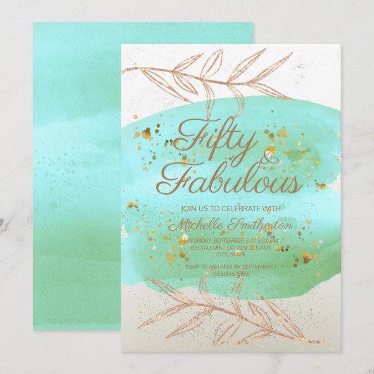 Invitation Aquarelle turquoise ivoire et poussière d'or 50e a (Devant / Derrière)
