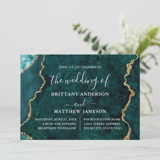 Invitation Aquarelle Turquoise Marble Gold Mariage photo (Debout devant)