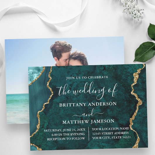 Invitation Aquarelle Turquoise Marble Gold Mariage photo