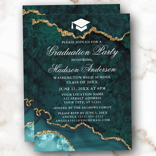 Invitation Aquarelle Turquoise Marbre Or Partie de graduation