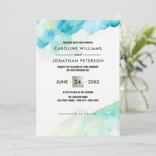 Invitation Aquarelle turquoise moderne (Debout devant)