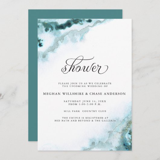 Invitation Aquarelle Turquoise moderne Moss Agate BarefootBri (Devant / Derrière)