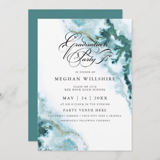 Invitation Aquarelle Turquoise moderne Moss Agate Party (Devant / Derrière)
