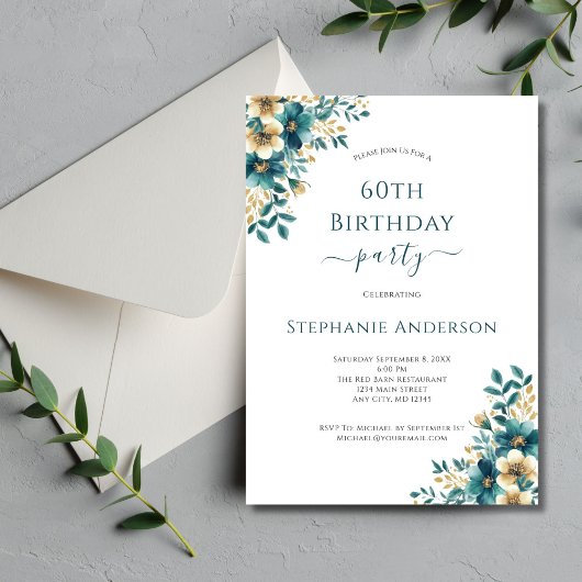 Invitation Aquarelle turquoise or Elegant Floral 60e annivers