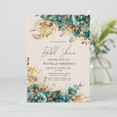 Invitation Aquarelle Turquoise or Fête des mariées florale (Debout devant)