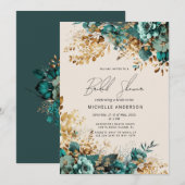 Invitation Aquarelle Turquoise or Fête des mariées florale (Devant / Derrière)