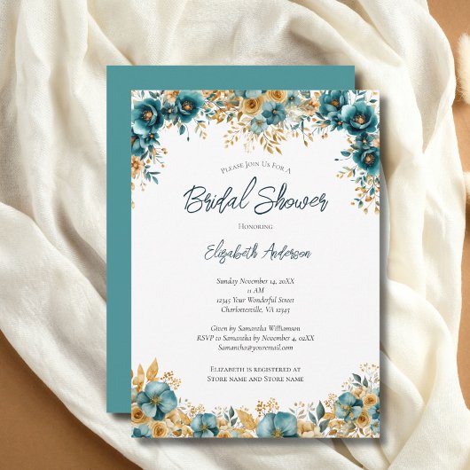 Invitation Aquarelle turquoise or Fête des mariées florale