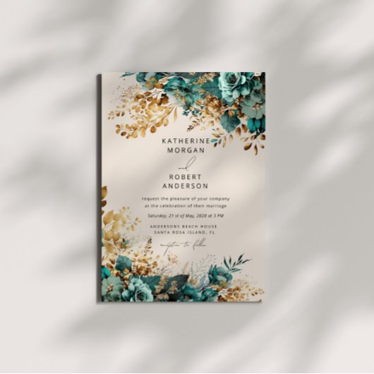 Invitation Aquarelle Turquoise or Floral Mariage