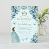 Invitation Aquarelle Turquoise Or Floral Quinceañera (Debout devant)