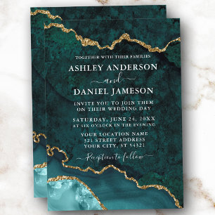 Invitation Aquarelle Turquoise or marbre Agate Géode Mariage