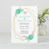 Invitation Aquarelle turquoise or points géométriques floraux (Debout devant)