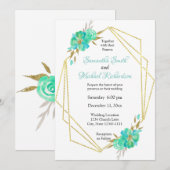 Invitation Aquarelle turquoise or points géométriques floraux (Devant / Derrière)