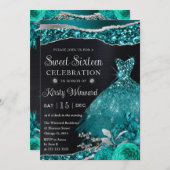 Invitation Aquarelle Turquoise Parties scintillant argent Swe (Devant / Derrière)