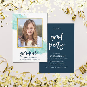 Invitation Aquarelle Turquoise Photo Graduate Party