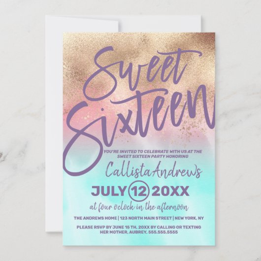 Invitation Aquarelle Turquoise rose Girly Gradient Sweet 16 (Devant)