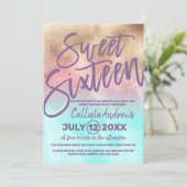 Invitation Aquarelle Turquoise rose Girly Gradient Sweet 16 (Debout devant)