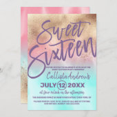 Invitation Aquarelle Turquoise rose Girly Gradient Sweet 16 (Devant / Derrière)