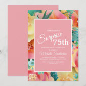 Invitation Aquarelle Turquoise rose jaune 75e anniversaire (Devant / Derrière)