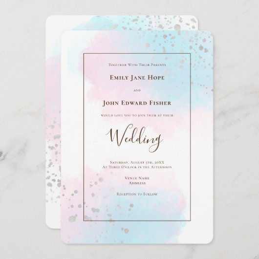Invitation Aquarelle Turquoise rose Mariage Confetti en argen (Devant / Derrière)