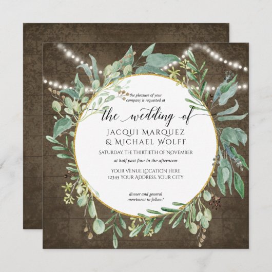 Invitation Aquarelle Twinkle Lights Rustic Wood Eucalyptus (Devant / Derrière)