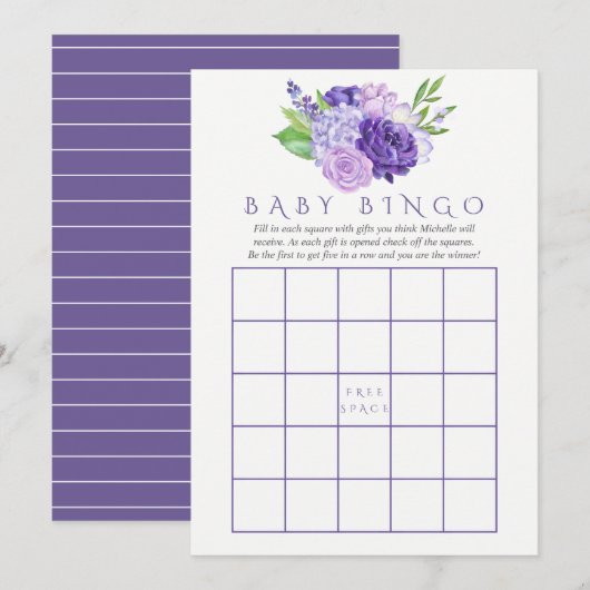 Invitation Aquarelle Ultra violet Baby shower Floral Bingo (Devant / Derrière)