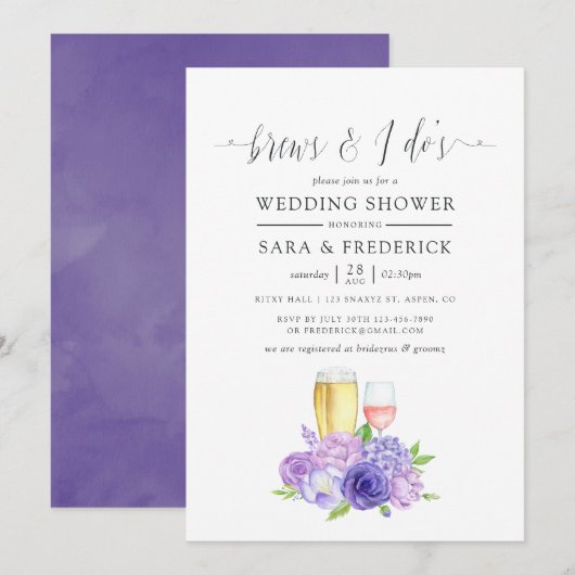 Invitation Aquarelle ultra violet Floral brasse avant de fair (Devant / Derrière)