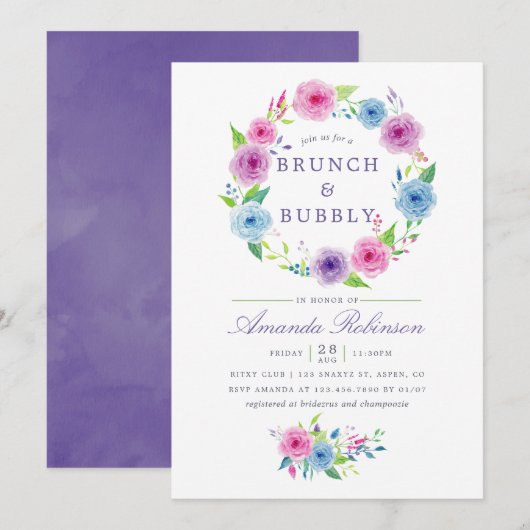Invitation Aquarelle Ultra Violet Floral Brunch et Bubbly (Devant / Derrière)