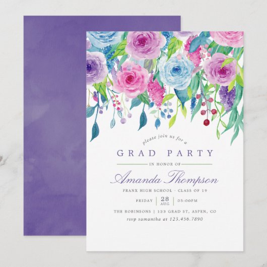 Invitation Aquarelle ultra violette Floral Graduation Party (Devant / Derrière)