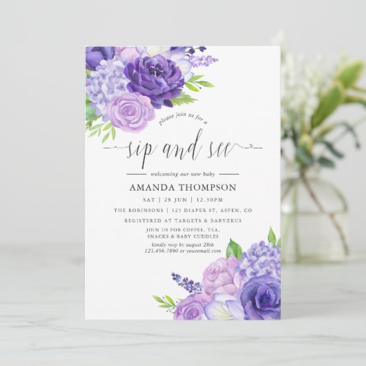 Invitation Aquarelle ultra violette florale Sip et voir (Debout devant)