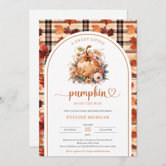 Invitation Aquarelle Une douce petite fille citrouille automn (Devant / Derrière)