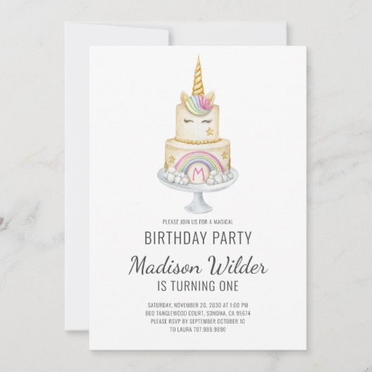 Invitation Aquarelle Unicorn fille premier anniversaire (Devant)