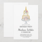 Invitation Aquarelle Unicorn fille premier anniversaire (Devant / Derrière)